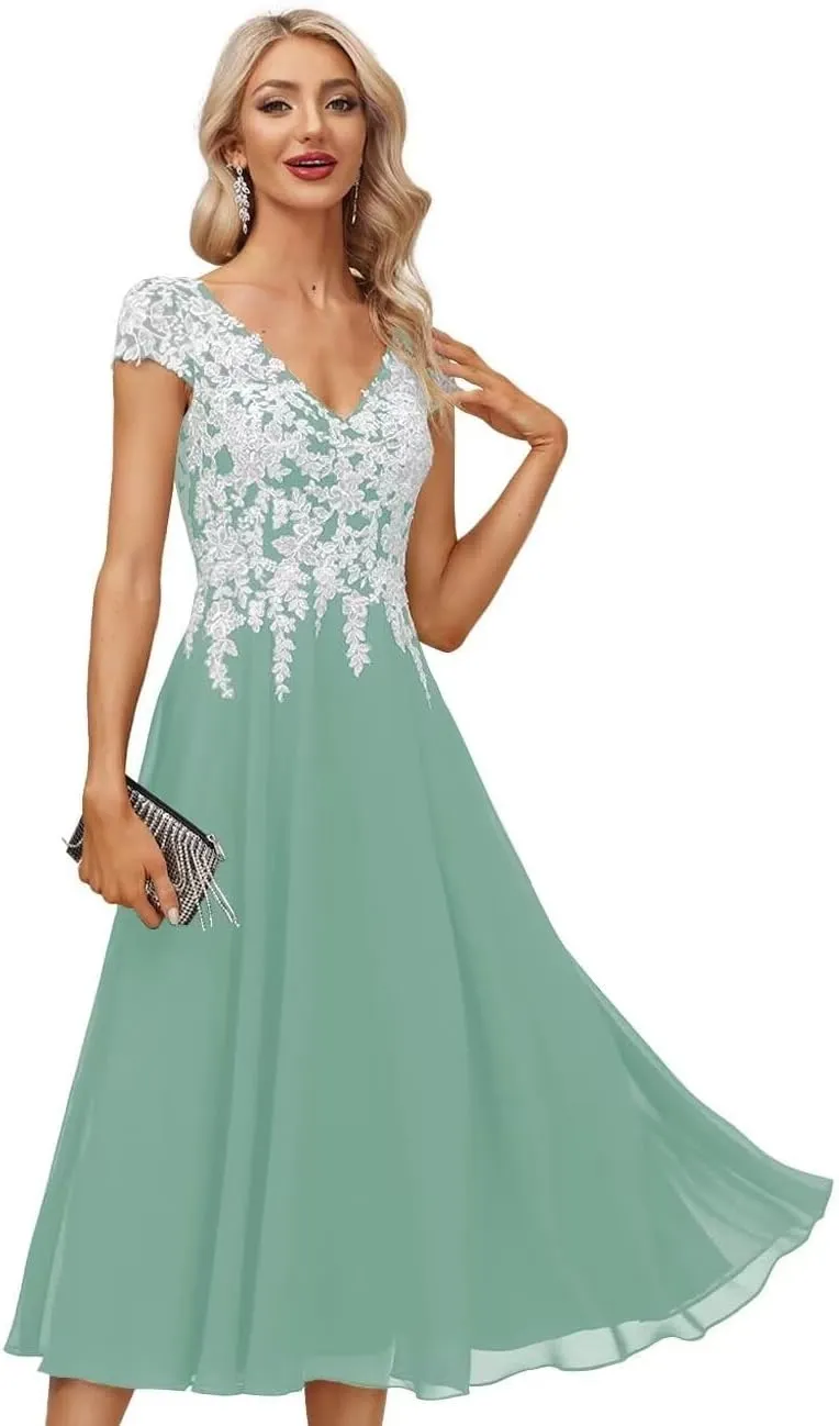 Tea Length Mother of The Bride Dresses for Women Formal Chiffon V Neck Evening Gown White Lace Appliques Dress