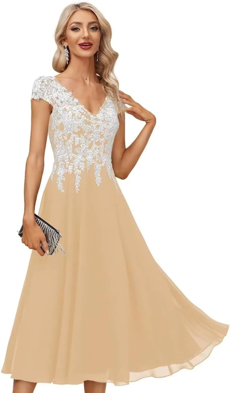 Tea Length Mother of The Bride Dresses for Women Formal Chiffon V Neck Evening Gown White Lace Appliques Dress