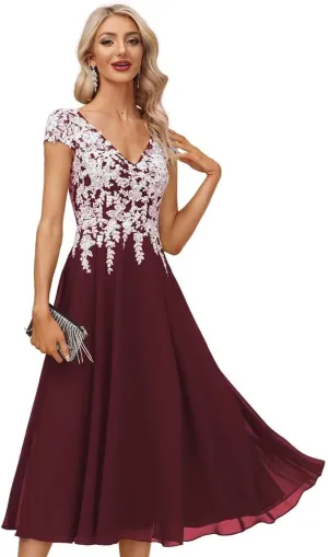 Tea Length Mother of The Bride Dresses for Women Formal Chiffon V Neck Evening Gown White Lace Appliques Dress