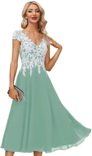 Tea Length Mother of The Bride Dresses for Women Formal Chiffon V Neck Evening Gown White Lace Appliques Dress