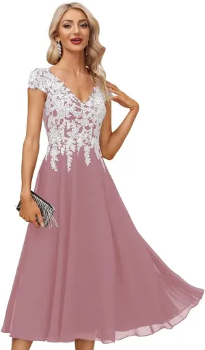 Tea Length Mother of The Bride Dresses for Women Formal Chiffon V Neck Evening Gown White Lace Appliques Dress
