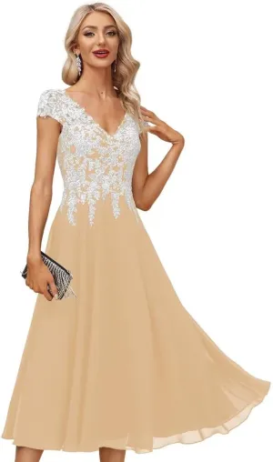 Tea Length Mother of The Bride Dresses for Women Formal Chiffon V Neck Evening Gown White Lace Appliques Dress