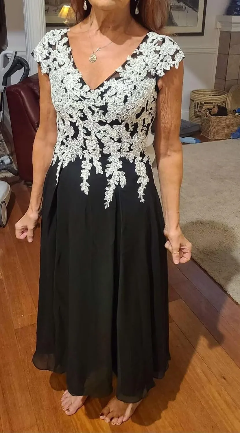 Tea Length Mother of The Bride Dresses for Women Formal Chiffon V Neck Evening Gown White Lace Appliques Dress