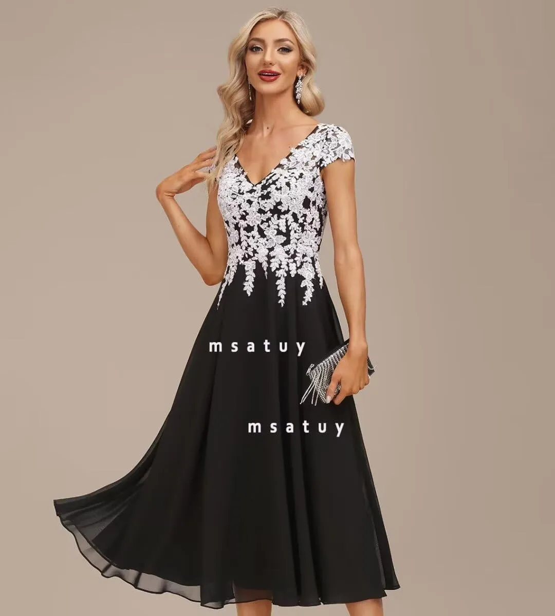 Tea Length Mother of The Bride Dresses for Women Formal Chiffon V Neck Evening Gown White Lace Appliques Dress