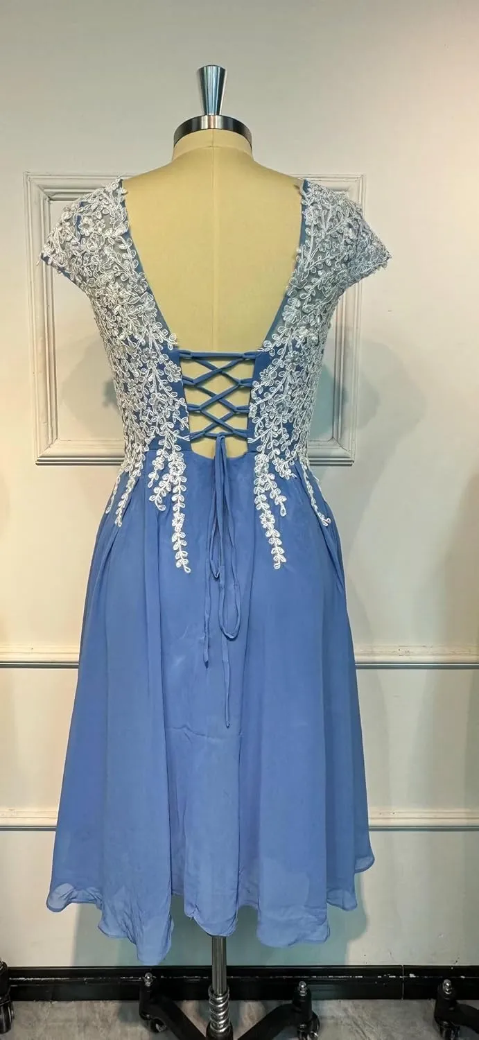 Tea Length Mother of The Bride Dresses for Women Formal Chiffon V Neck Evening Gown White Lace Appliques Dress