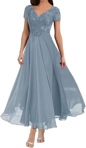 Tea Length Mother of The Bride Dresses V Neck Lace Appliques Chiffon Short Sleeve Formal Evening Dresses for Women