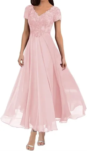 Tea Length Mother of The Bride Dresses V Neck Lace Appliques Chiffon Short Sleeve Formal Evening Dresses for Women