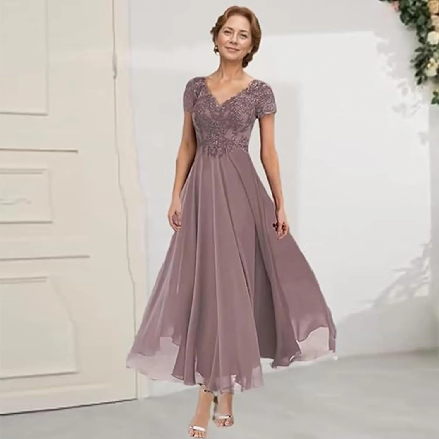 Tea Length Mother of The Bride Dresses V Neck Lace Appliques Chiffon Short Sleeve Formal Evening Dresses for Women