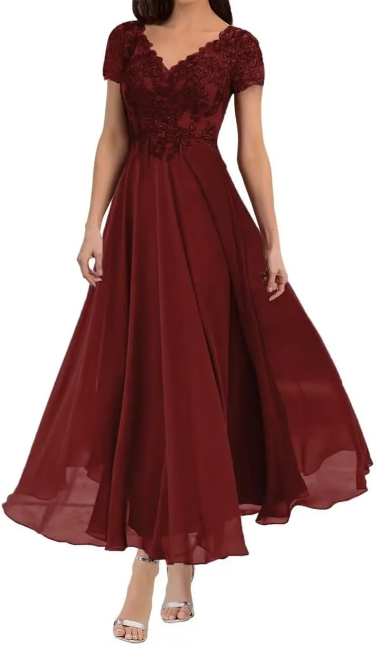 Tea Length Mother of The Bride Dresses V Neck Lace Appliques Chiffon Short Sleeve Formal Evening Dresses for Women