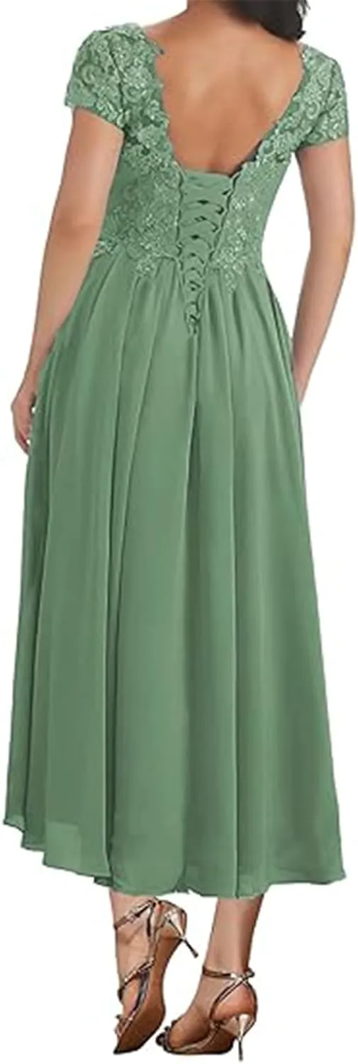 Tea Length Mother of The Bride Dresses V Neck Lace Appliques Chiffon Short Sleeve Formal Evening Dresses for Women