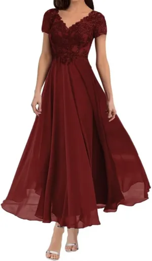 Tea Length Mother of The Bride Dresses V Neck Lace Appliques Chiffon Short Sleeve Formal Evening Dresses for Women