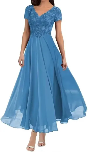 Tea Length Mother of The Bride Dresses V Neck Lace Appliques Chiffon Short Sleeve Formal Evening Dresses for Women