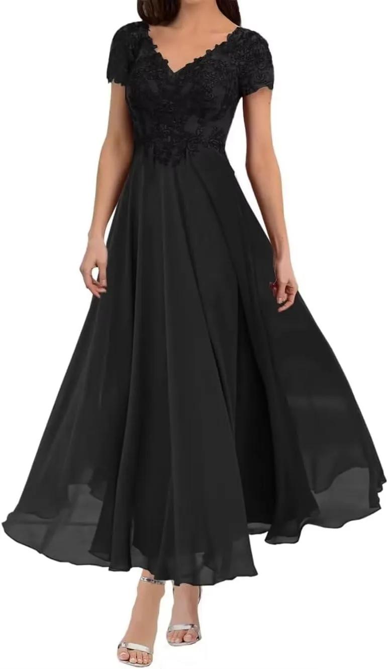 Tea Length Mother of The Bride Dresses V Neck Lace Appliques Chiffon Short Sleeve Formal Evening Dresses for Women