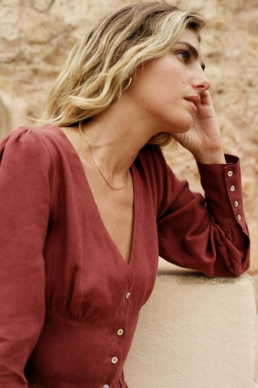 The Gertrude Linen Maxi Dress in terracotta