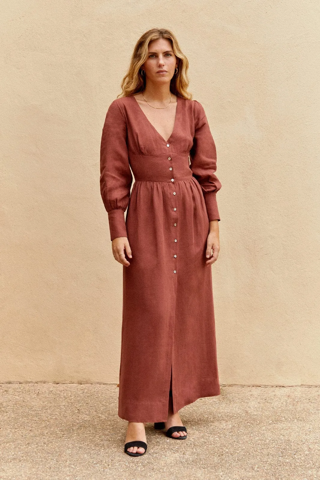 The Gertrude Linen Maxi Dress in terracotta