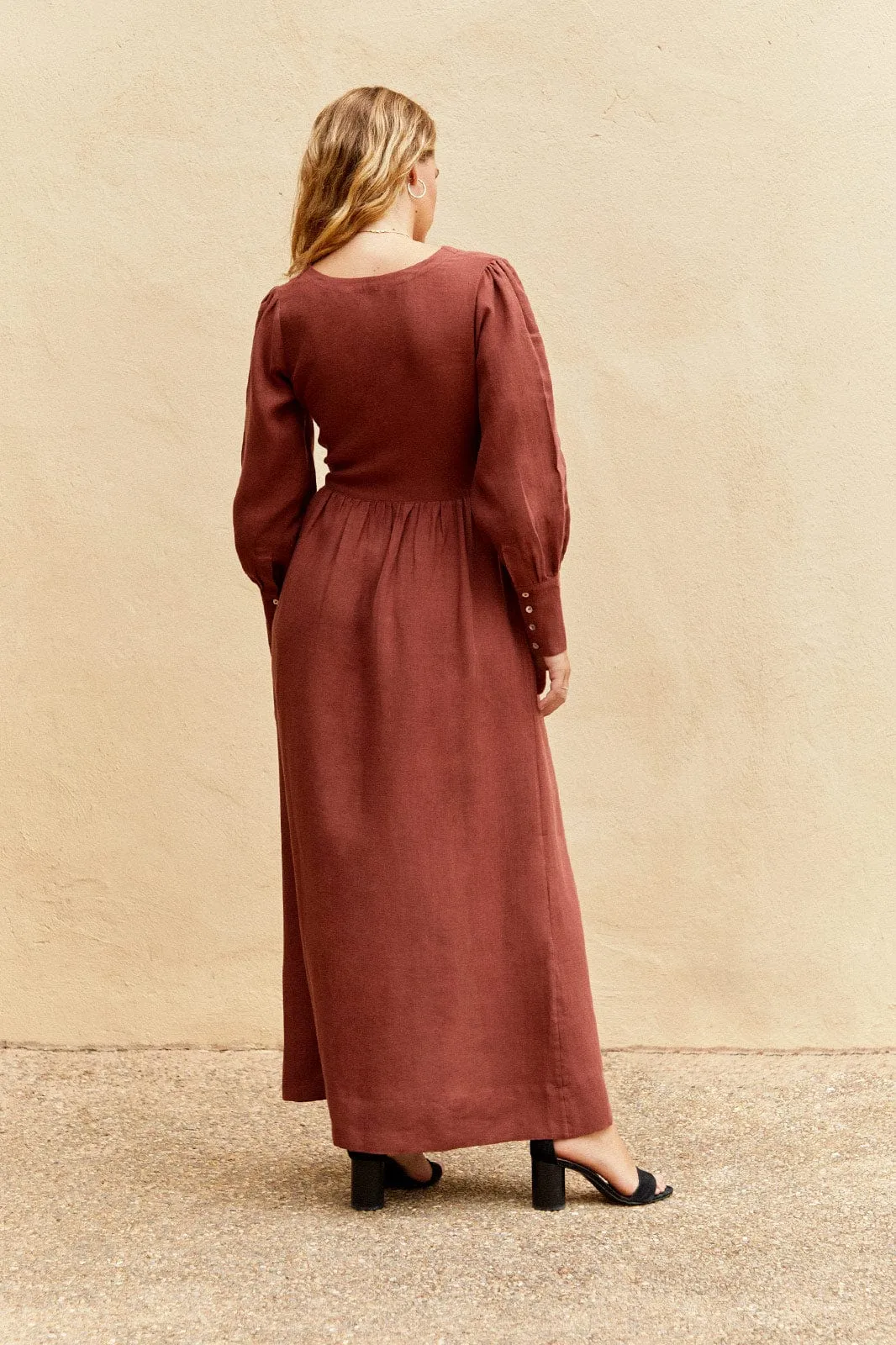 The Gertrude Linen Maxi Dress in terracotta