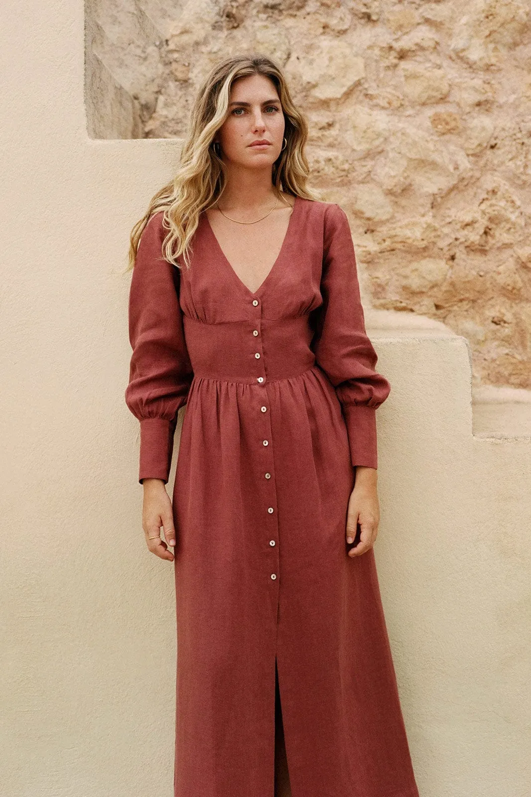 The Gertrude Linen Maxi Dress in terracotta