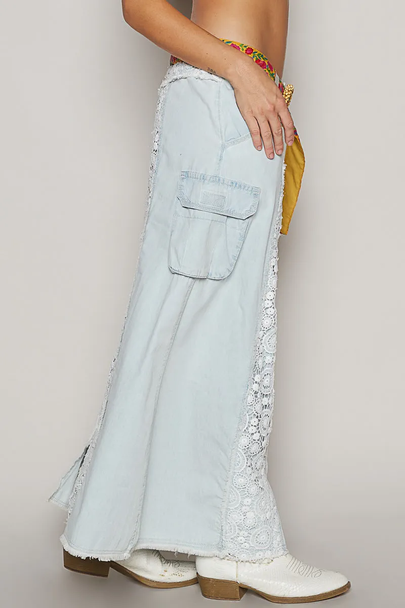 Those Who Wander Vintage Washed Lace Paneled Denim Maxi Skirt
