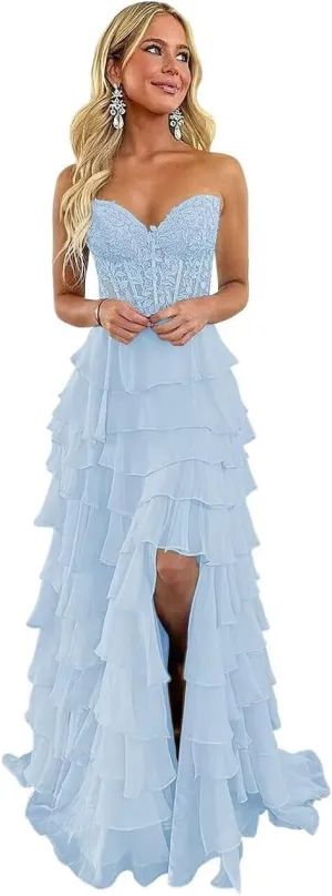 Tiered Lace Corset Prom Dresses 2025 Long Off Shoulder Chiffon Sweetheart A-Line Formal Evening Party Gowns with Slit