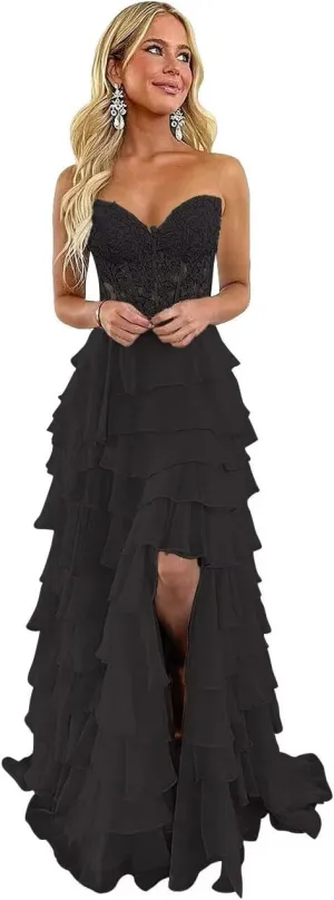 Tiered Lace Corset Prom Dresses 2025 Long Off Shoulder Chiffon Sweetheart A-Line Formal Evening Party Gowns with Slit
