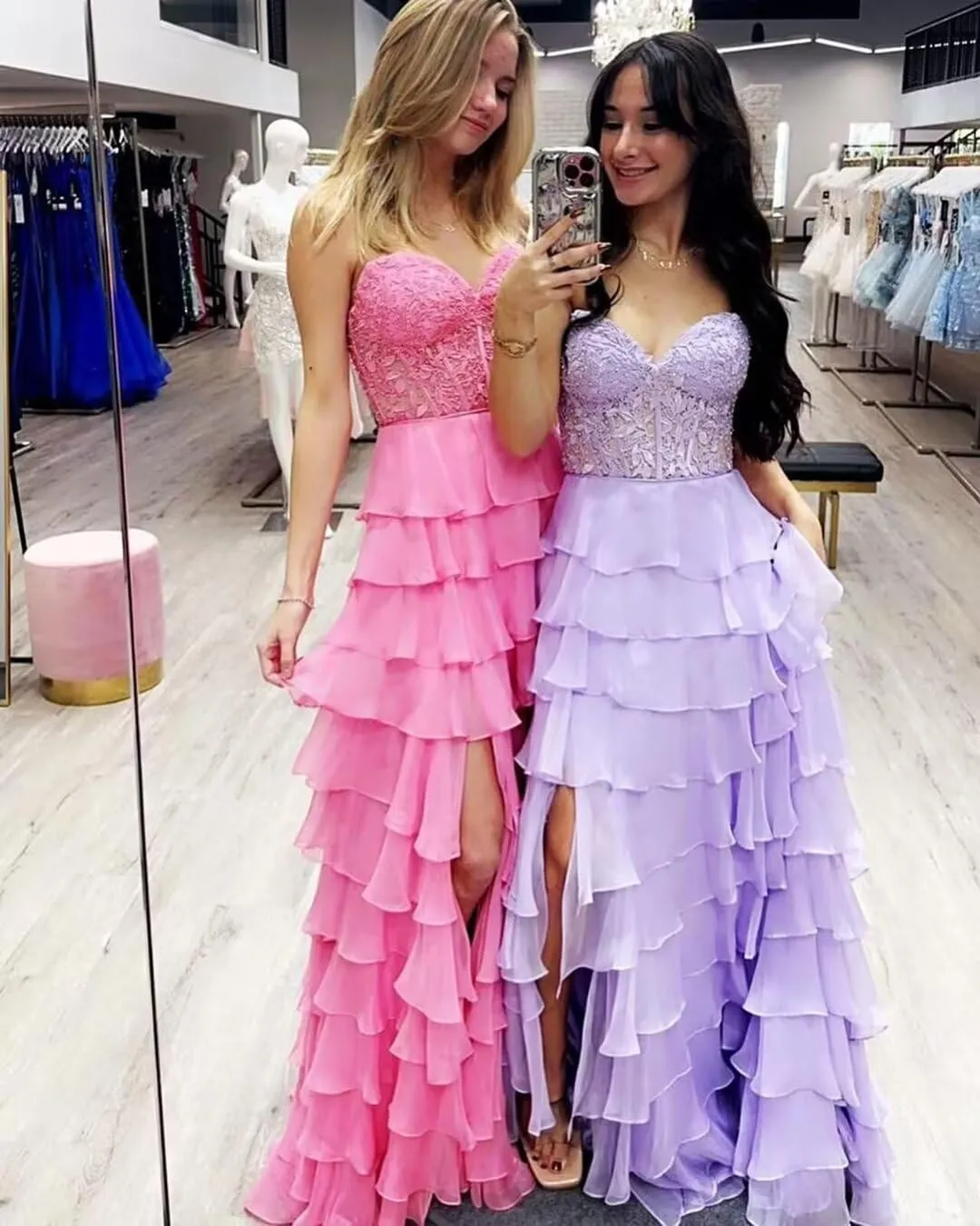 Tiered Lace Corset Prom Dresses 2025 Long Off Shoulder Chiffon Sweetheart A-Line Formal Evening Party Gowns with Slit