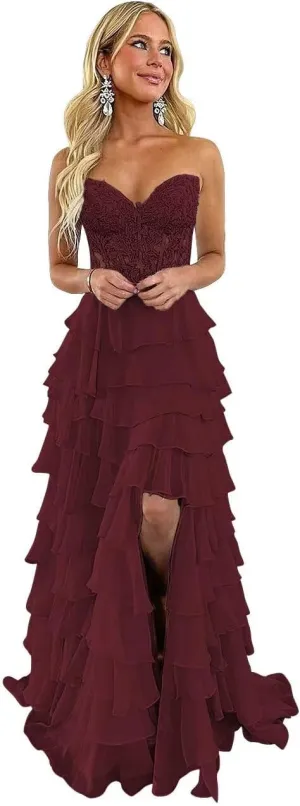 Tiered Lace Corset Prom Dresses 2025 Long Off Shoulder Chiffon Sweetheart A-Line Formal Evening Party Gowns with Slit