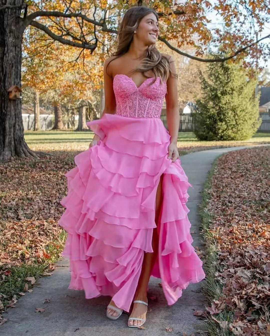 Tiered Lace Corset Prom Dresses 2025 Long Off Shoulder Chiffon Sweetheart A-Line Formal Evening Party Gowns with Slit