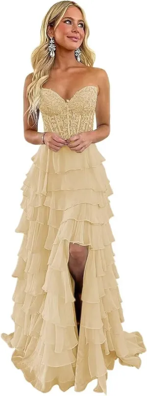 Tiered Lace Corset Prom Dresses 2025 Long Off Shoulder Chiffon Sweetheart A-Line Formal Evening Party Gowns with Slit