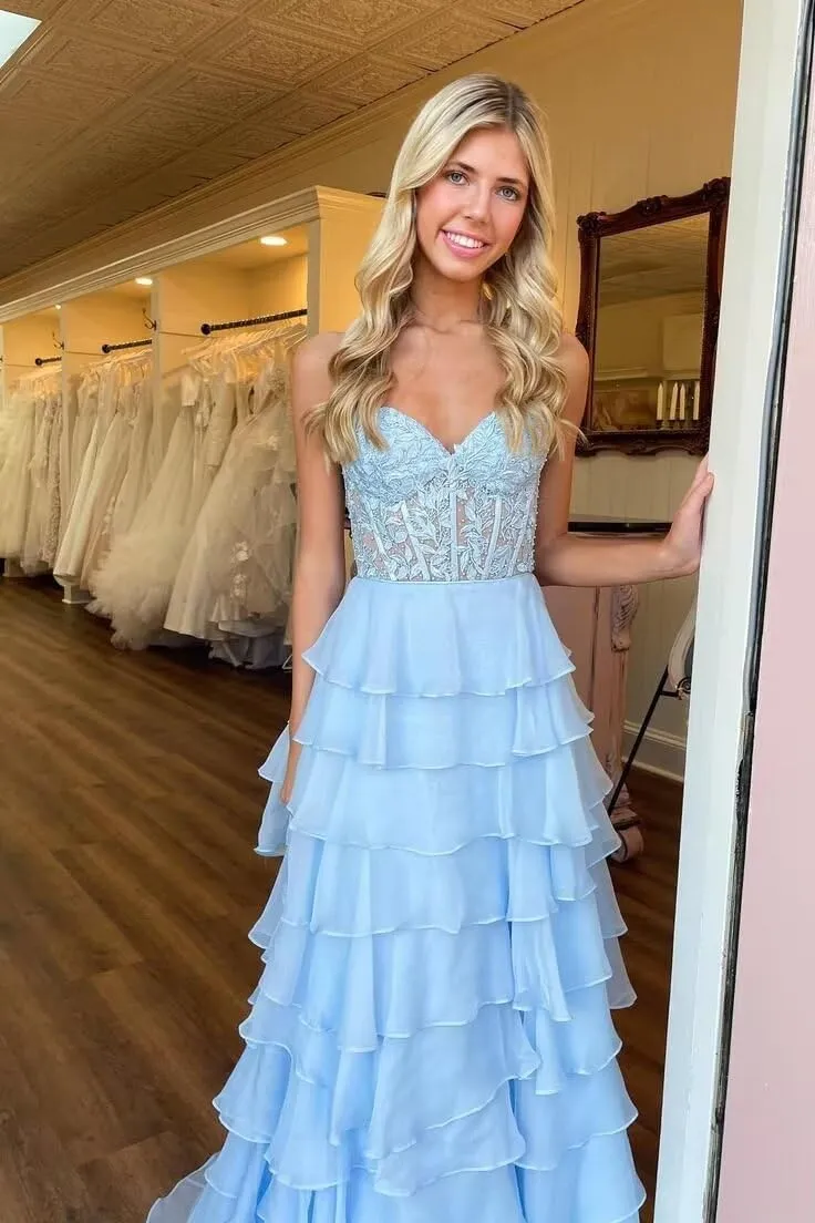 Tiered Lace Corset Prom Dresses 2025 Long Off Shoulder Chiffon Sweetheart A-Line Formal Evening Party Gowns with Slit