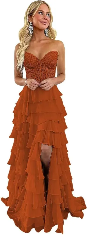 Tiered Lace Corset Prom Dresses 2025 Long Off Shoulder Chiffon Sweetheart A-Line Formal Evening Party Gowns with Slit
