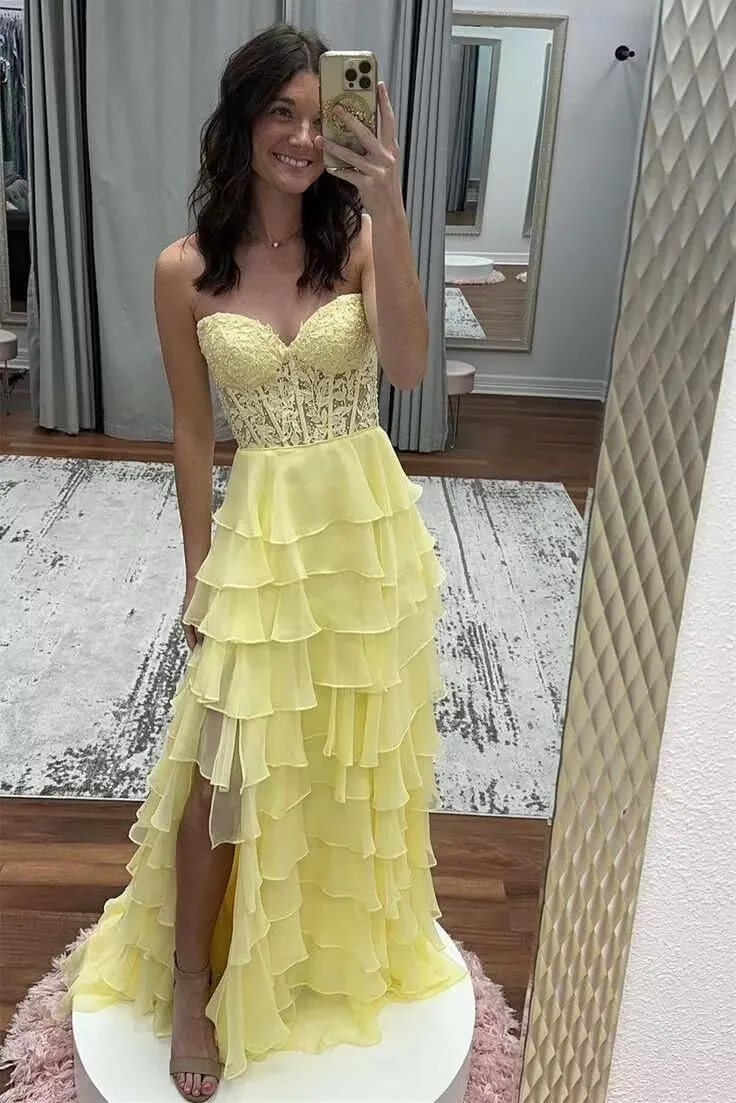 Tiered Lace Corset Prom Dresses 2025 Long Off Shoulder Chiffon Sweetheart A-Line Formal Evening Party Gowns with Slit