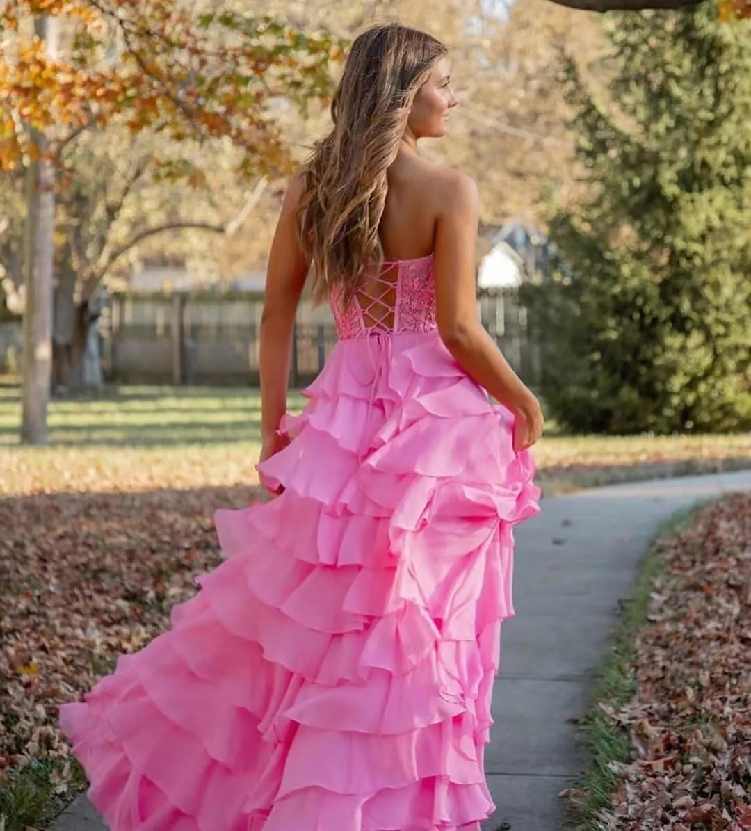 Tiered Lace Corset Prom Dresses 2025 Long Off Shoulder Chiffon Sweetheart A-Line Formal Evening Party Gowns with Slit