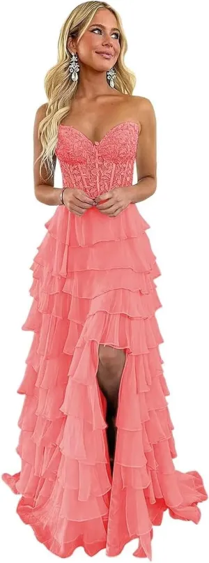 Tiered Lace Corset Prom Dresses 2025 Long Off Shoulder Chiffon Sweetheart A-Line Formal Evening Party Gowns with Slit