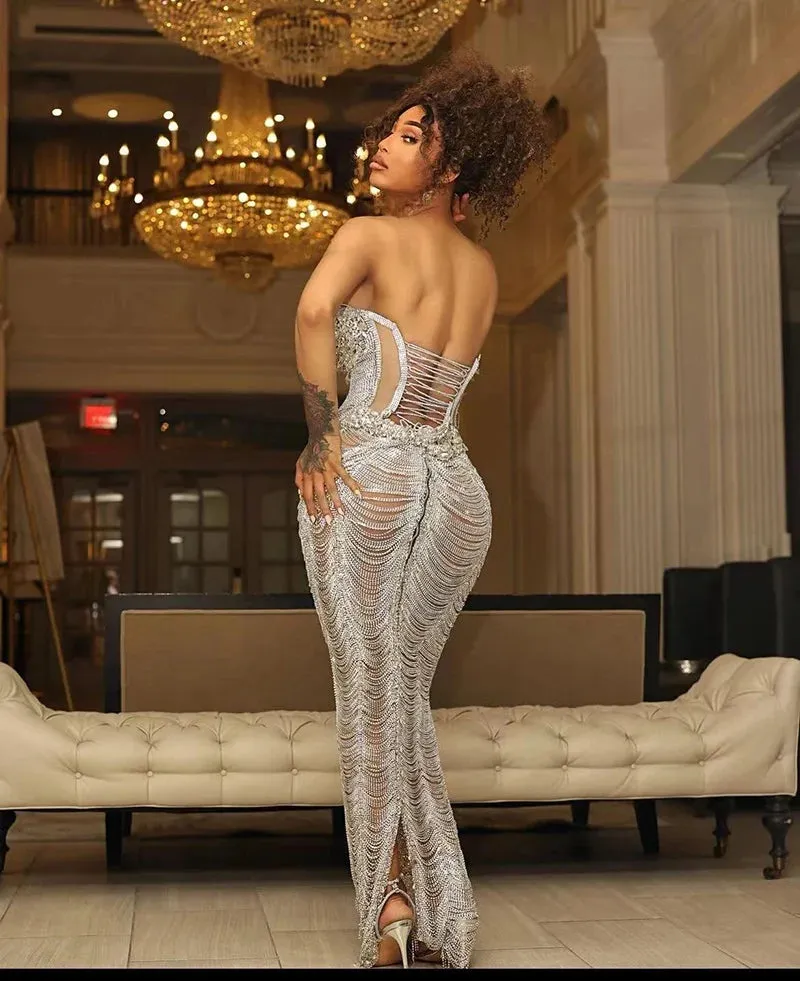 Trend4us Luxury Crystal Beaded Tassel Chain Evening Gowns