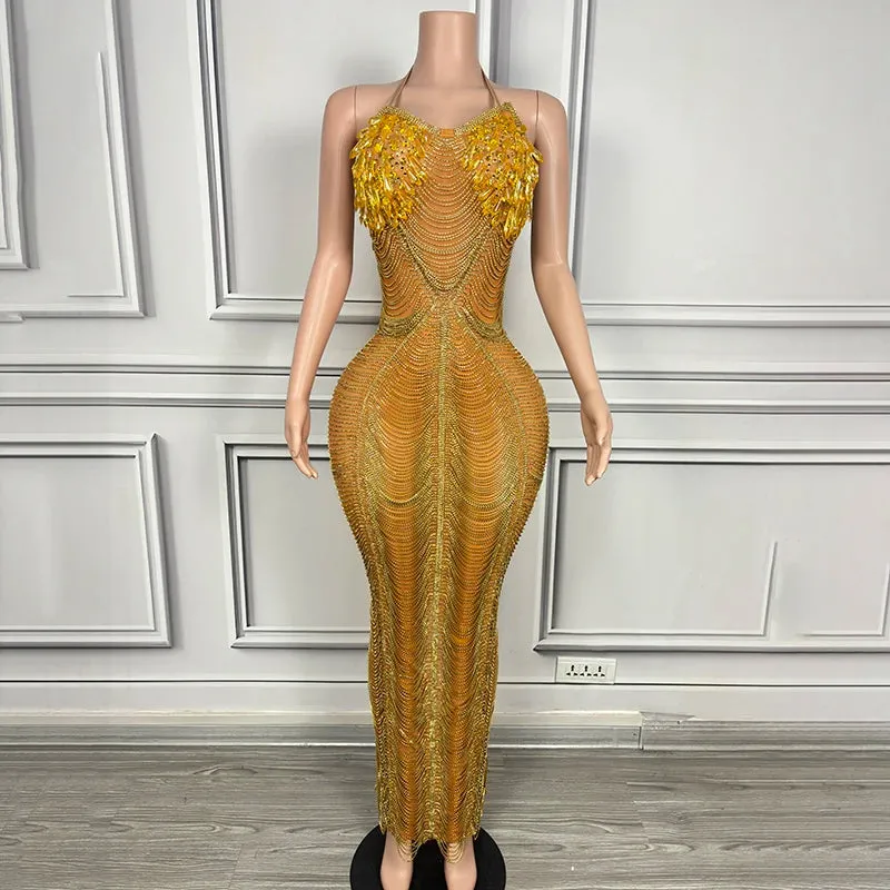 Trend4us Luxury Crystal Beaded Tassel Chain Evening Gowns