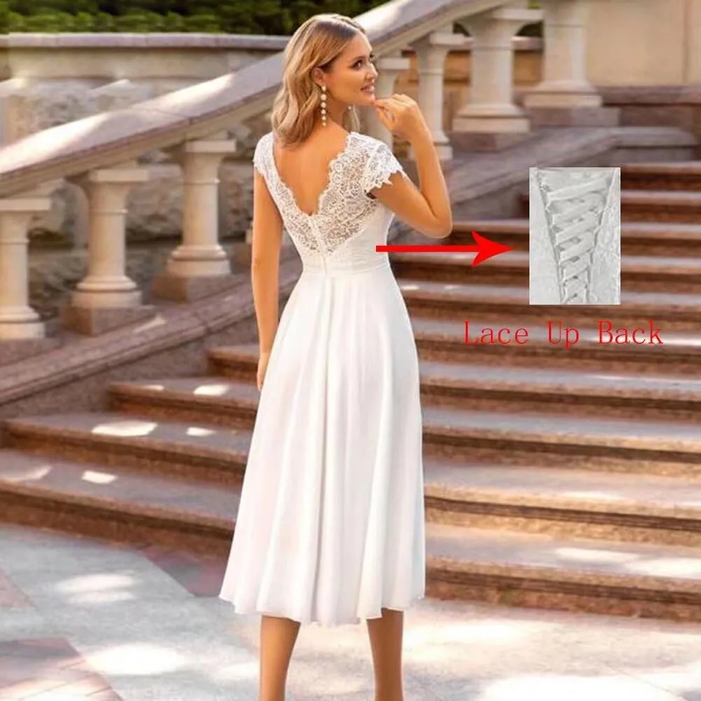 TRHTX Short Lace Wedding Dresses for Bride V Neck Bridal Gowns for Women A-line Short Sleeve Wedding Gowns