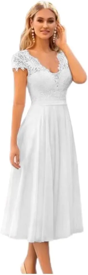 TRHTX Short Lace Wedding Dresses for Bride V Neck Bridal Gowns for Women A-line Short Sleeve Wedding Gowns