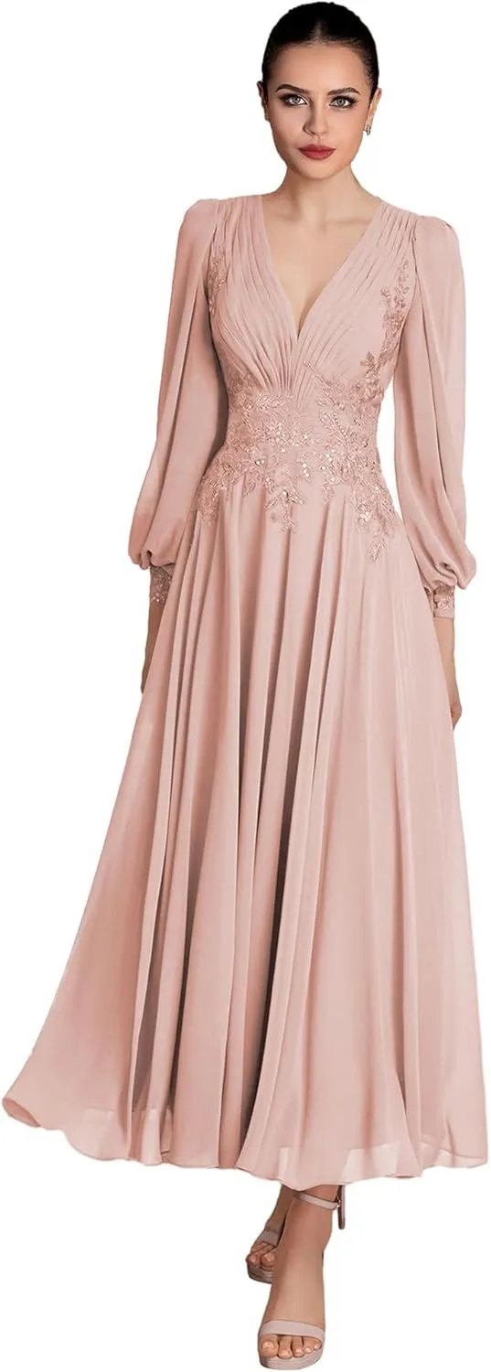V Neck Mother of The Bride Dresses Long Sleeve Evening Formal Dresses Ankle Length Chiffon Evening Gown