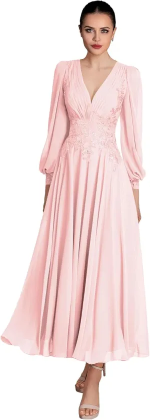 V Neck Mother of The Bride Dresses Long Sleeve Evening Formal Dresses Ankle Length Chiffon Evening Gown
