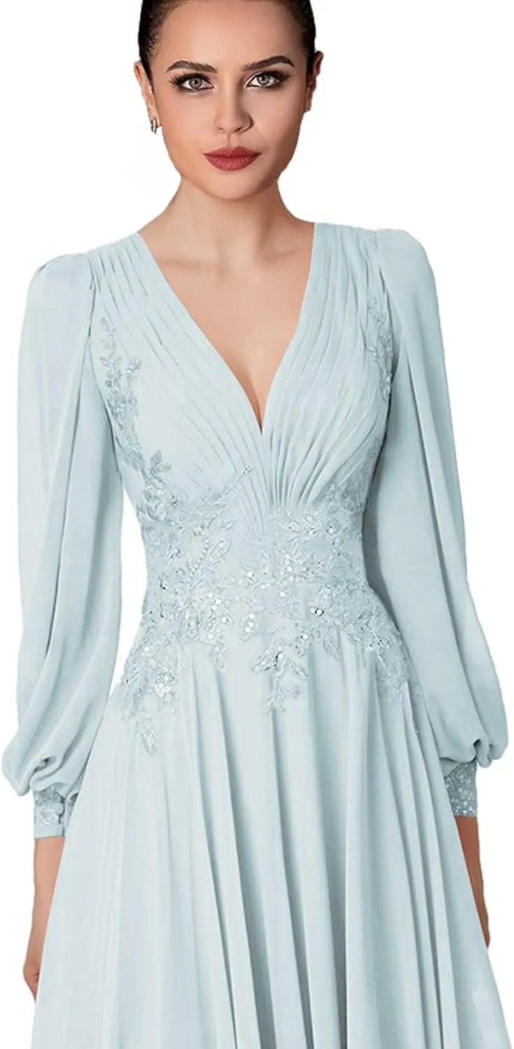 V Neck Mother of The Bride Dresses Long Sleeve Evening Formal Dresses Ankle Length Chiffon Evening Gown