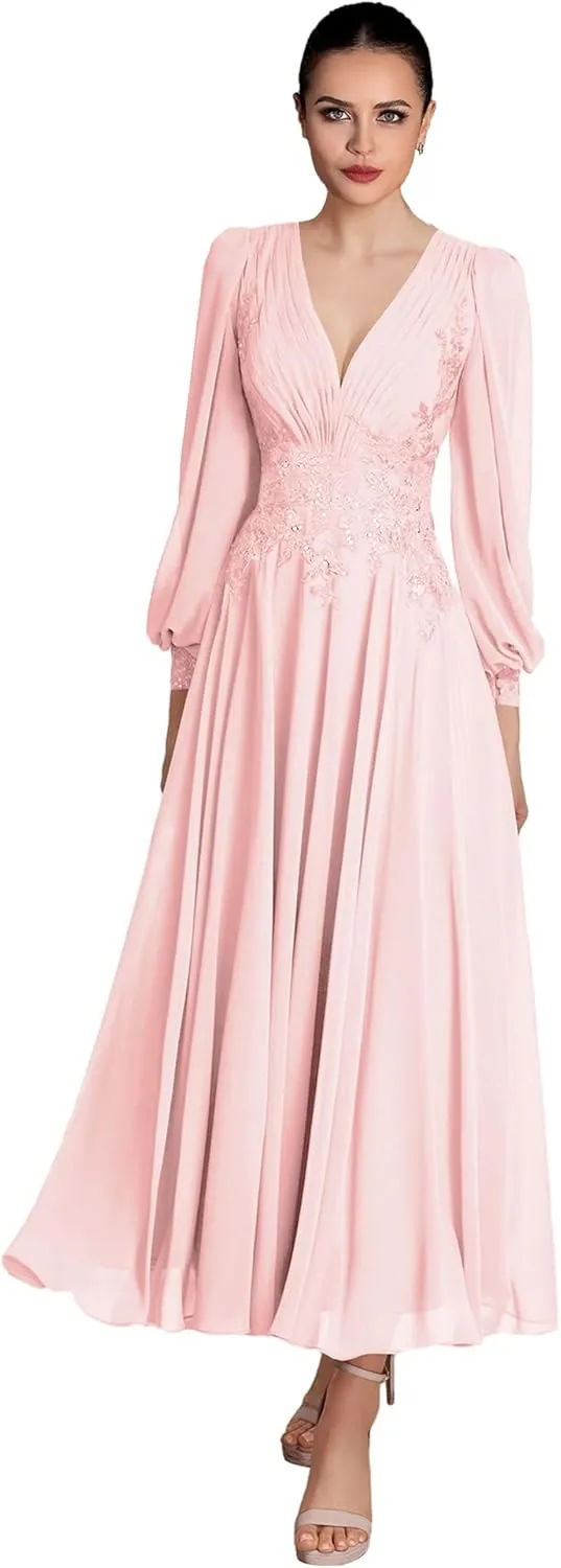 V Neck Mother of The Bride Dresses Long Sleeve Evening Formal Dresses Ankle Length Chiffon Evening Gown