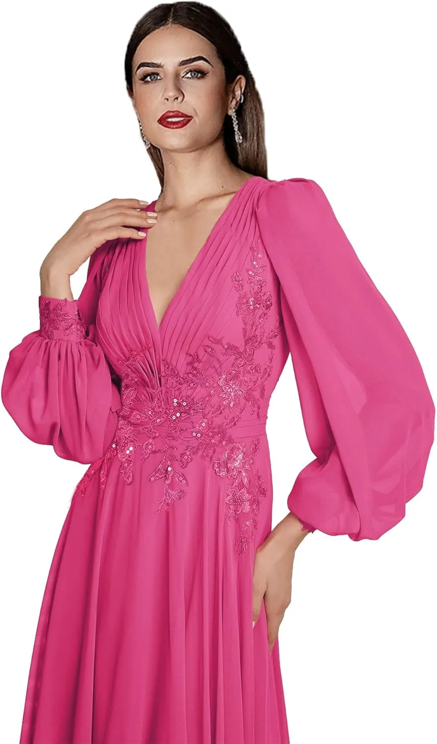 V Neck Mother of The Bride Dresses Long Sleeve Evening Formal Dresses Ankle Length Chiffon Evening Gown