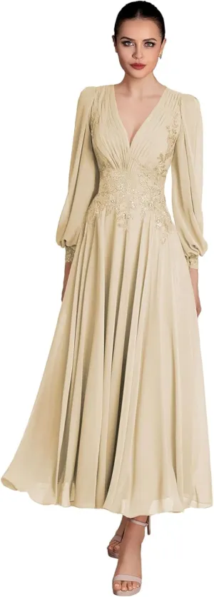 V Neck Mother of The Bride Dresses Long Sleeve Evening Formal Dresses Ankle Length Chiffon Evening Gown