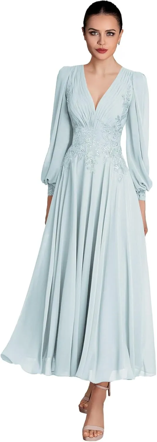V Neck Mother of The Bride Dresses Long Sleeve Evening Formal Dresses Ankle Length Chiffon Evening Gown