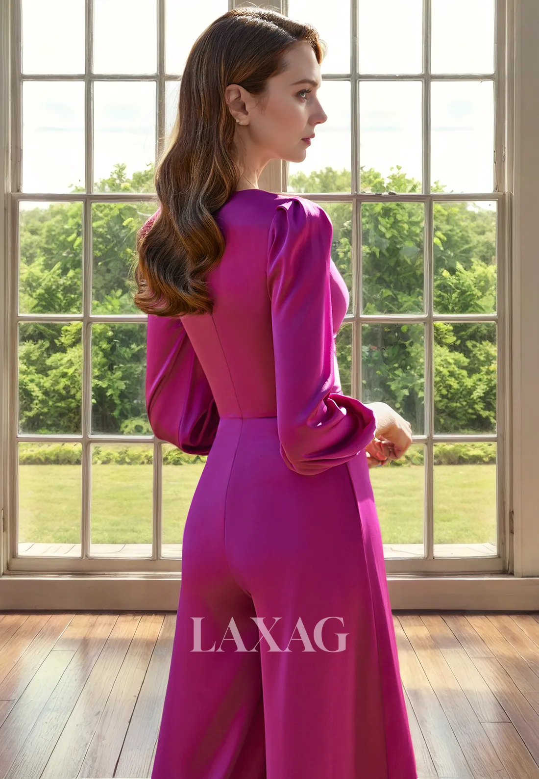 V-Neck Quarter Sleeves Cutout PantSuit Sleek Satin Mother Of the Bride Dress
