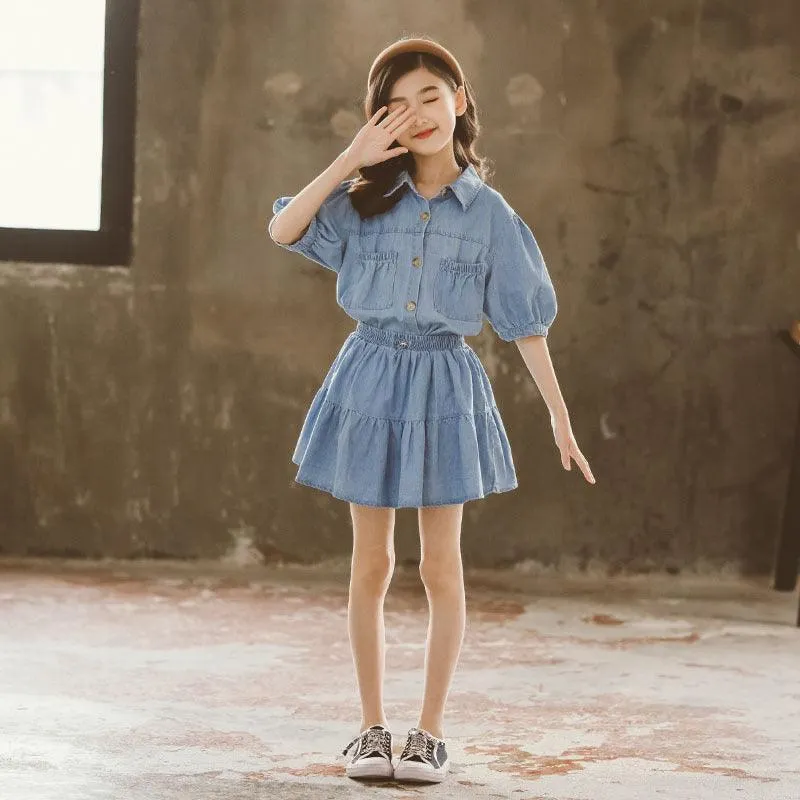 Western Style Two-piece Denim Skirt For Girls