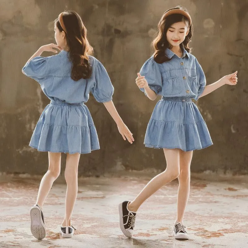 Western Style Two-piece Denim Skirt For Girls