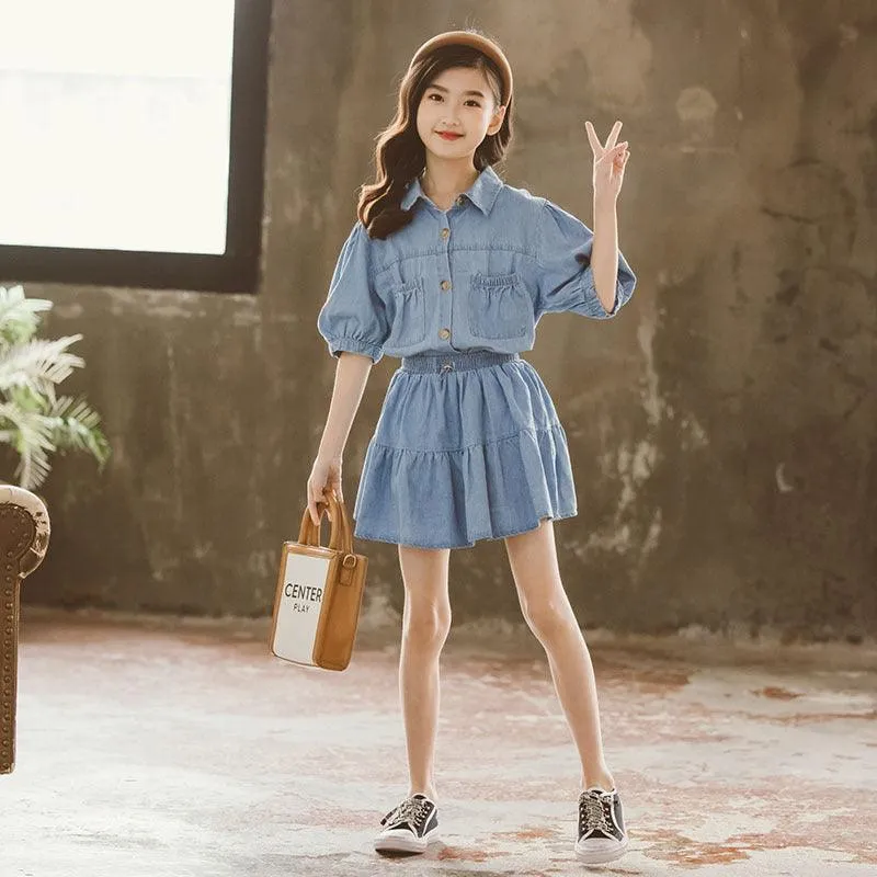 Western Style Two-piece Denim Skirt For Girls