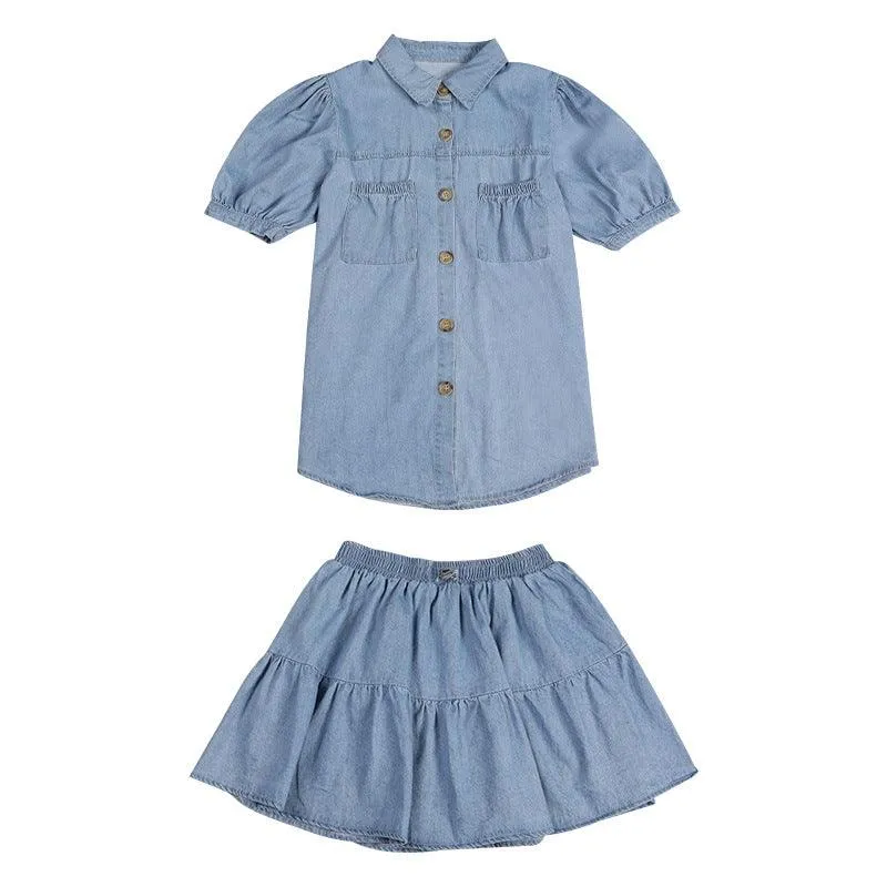 Western Style Two-piece Denim Skirt For Girls