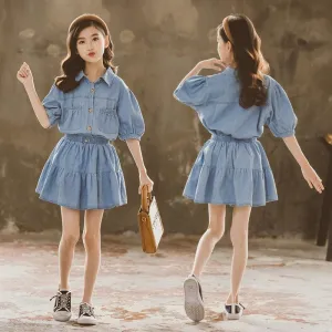 Western Style Two-piece Denim Skirt For Girls
